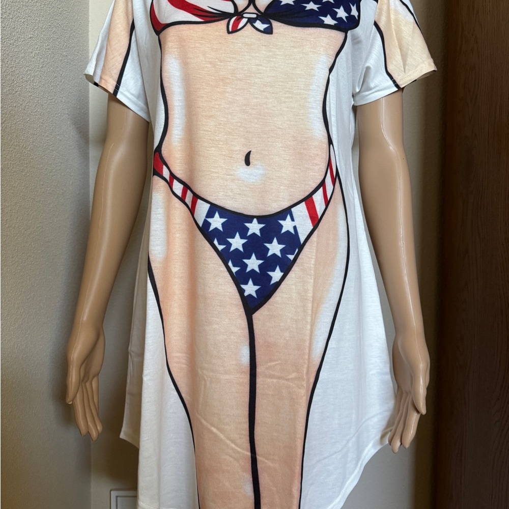 Graphic American Flag Bikini Tee Dress - White